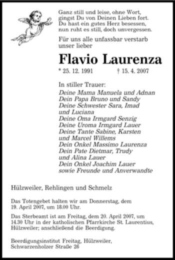 Traueranzeige von Flavio Laurenza von SAARBRÜCKER ZEITUNG