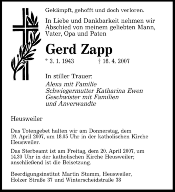 Traueranzeige von Gerd Zapp von SAARBRÜCKER ZEITUNG