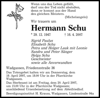 Traueranzeige von Hermann Schu von SAARBRÜCKER ZEITUNG