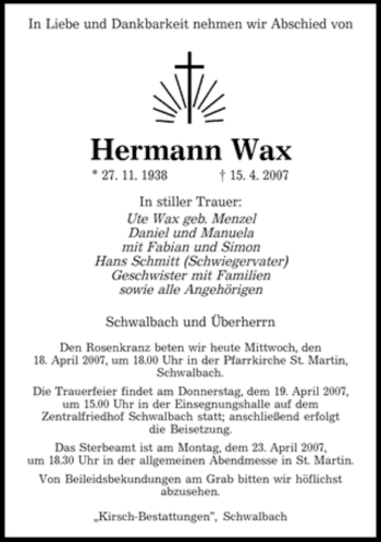 Traueranzeige von Hermann Wax von SAARBRÜCKER ZEITUNG