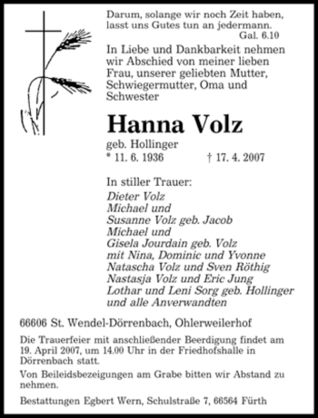 Traueranzeige von Hanna Volz von SAARBRÜCKER ZEITUNG