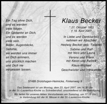 Traueranzeige von Klaus Becker 