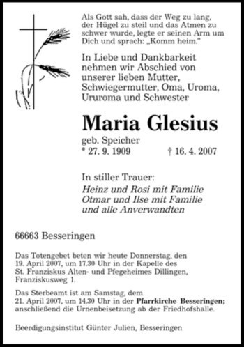 Traueranzeige von Maria Glesius von SAARBRÜCKER ZEITUNG