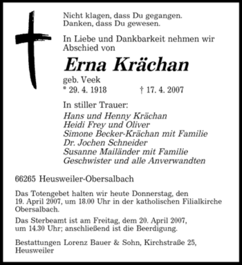 Traueranzeige von Erna Krächan von SAARBRÜCKER ZEITUNG