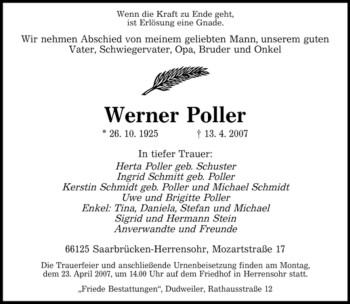Traueranzeige von Werner Poller von SAARBRÜCKER ZEITUNG