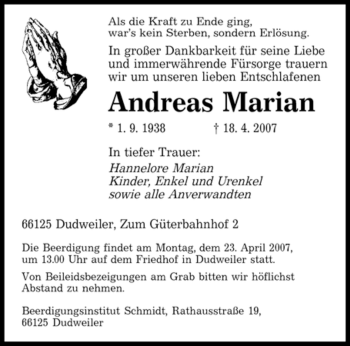 Traueranzeige von Andreas Marian von SAARBRÜCKER ZEITUNG