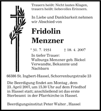 Traueranzeige von Fridolin Menzner von SAARBRÜCKER ZEITUNG