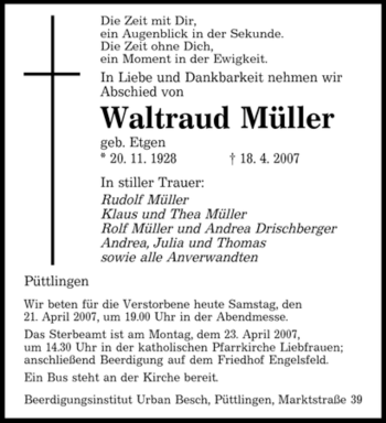 Traueranzeige von Waltraud Müller von SAARBRÜCKER ZEITUNG