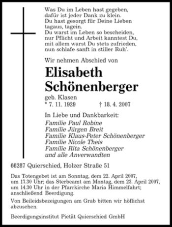 Traueranzeige von Elisabeth Schönenberger von SAARBRÜCKER ZEITUNG