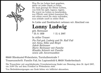 Traueranzeige von Lonny Ludwig von SAARBRÜCKER ZEITUNG