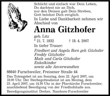 Traueranzeige von Anna Gitzhofer von SAARBRÜCKER ZEITUNG