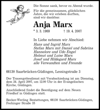 Traueranzeige von Marx Anja von SAARBRÜCKER ZEITUNG