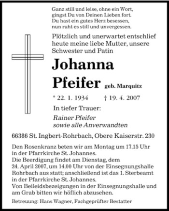 Traueranzeige von Johanna Pfeifer von SAARBRÜCKER ZEITUNG