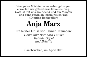Traueranzeige von Marx Anja von SAARBRÜCKER ZEITUNG