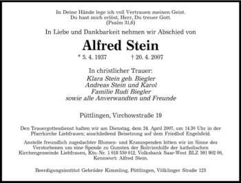 Traueranzeige von Alfred Stein von SAARBRÜCKER ZEITUNG