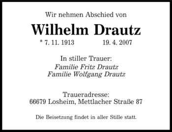 Traueranzeige von Wilhelm Drautz von SAARBRÜCKER ZEITUNG