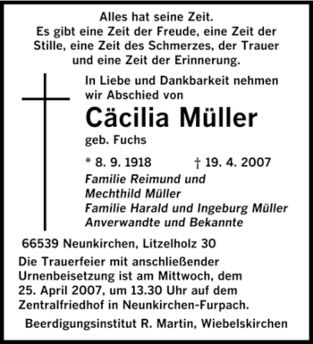 Traueranzeige von Cäcilia Müller von SAARBRÜCKER ZEITUNG