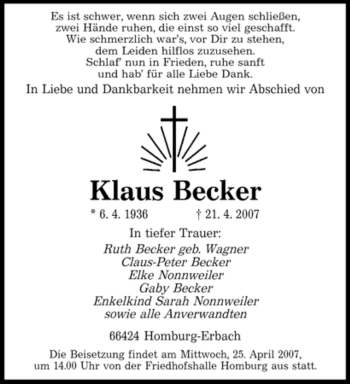 Traueranzeige von Klaus Becker von SAARBRÜCKER ZEITUNG