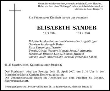 Traueranzeige von Elisabeth Sander von SAARBRÜCKER ZEITUNG