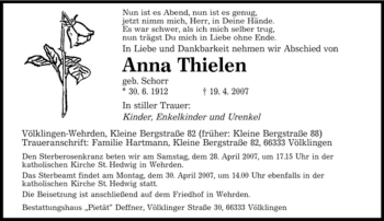 Traueranzeige von Anna Thielen von SAARBRÜCKER ZEITUNG