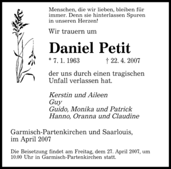 Traueranzeige von Daniel Petit von SAARBRÜCKER ZEITUNG