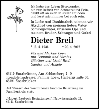 Traueranzeige von Dieter Breil von SAARBRÜCKER ZEITUNG