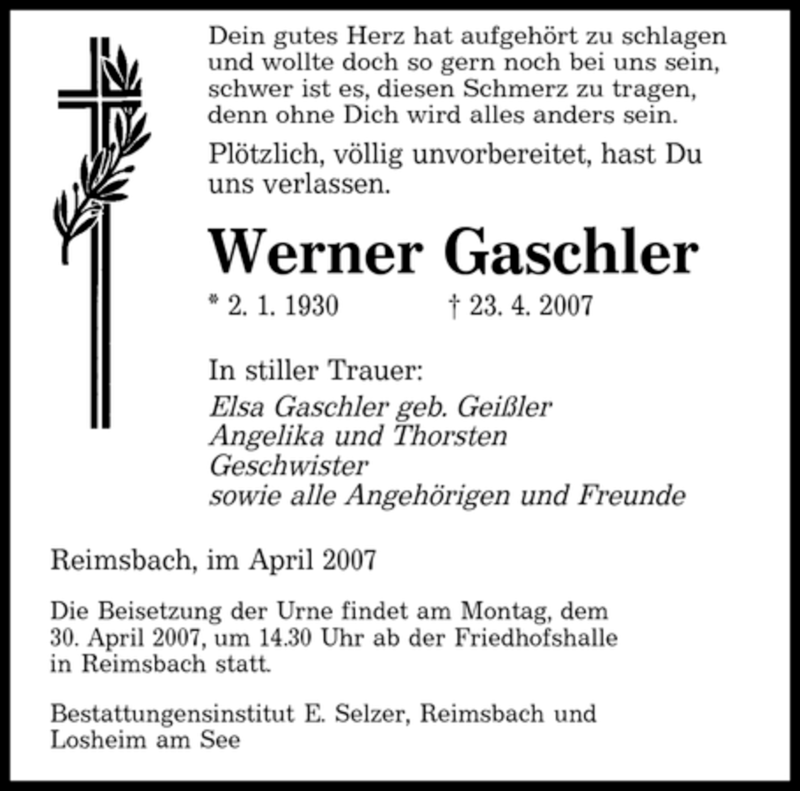  Traueranzeige für Werner Gaschler vom 27.04.2007 aus SAARBRÜCKER ZEITUNG