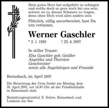 Traueranzeige von Werner Gaschler von SAARBRÜCKER ZEITUNG