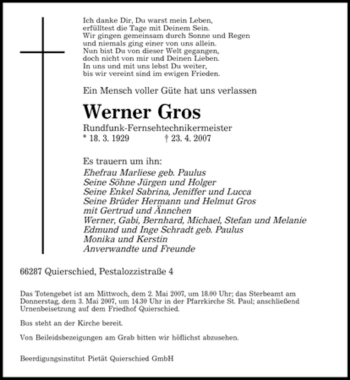 Traueranzeige von Werner Gros von SAARBRÜCKER ZEITUNG