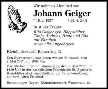 Traueranzeige von Johann Geiger von SAARBRÜCKER ZEITUNG