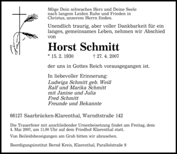 Traueranzeige von Horst Schmitt von SAARBRÜCKER ZEITUNG