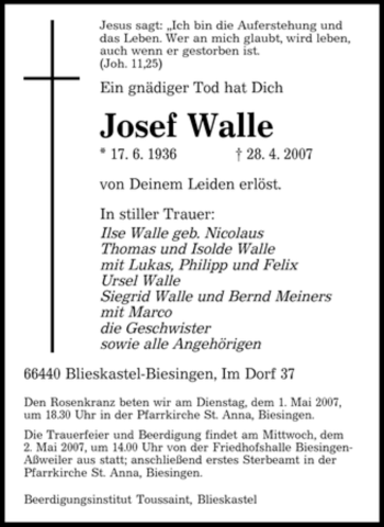 Traueranzeige von Josef Walle von SAARBRÜCKER ZEITUNG