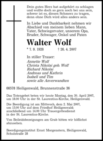 Traueranzeige von Walter Wolf von SAARBRÜCKER ZEITUNG