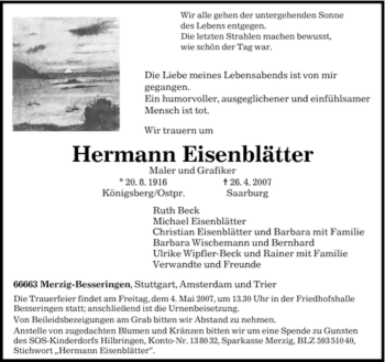 Traueranzeige von Hermann Eisenblätter von SAARBRÜCKER ZEITUNG