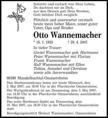 Traueranzeige von Otto Wannemacher von SAARBRÜCKER ZEITUNG