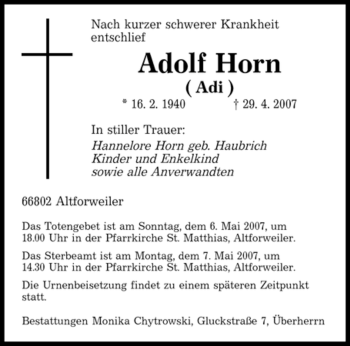 Traueranzeige von Adolf Horn von SAARBRÜCKER ZEITUNG