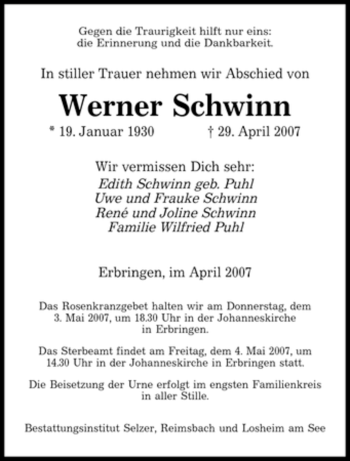 Traueranzeige von Werner Schwinn von SAARBRÜCKER ZEITUNG