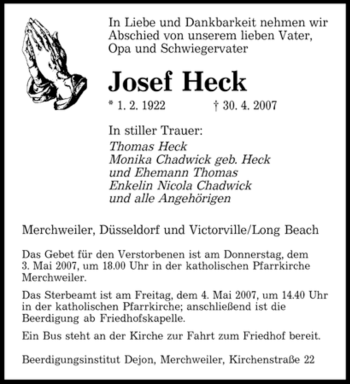 Traueranzeige von Josef Heck von SAARBRÜCKER ZEITUNG