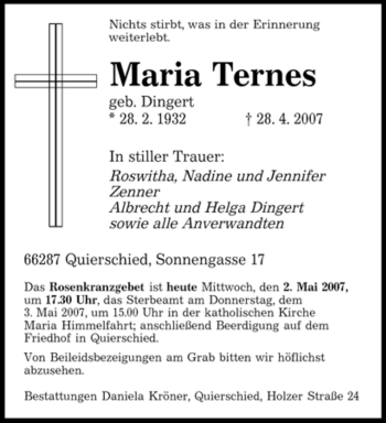 Traueranzeige von Maria Ternes von SAARBRÜCKER ZEITUNG