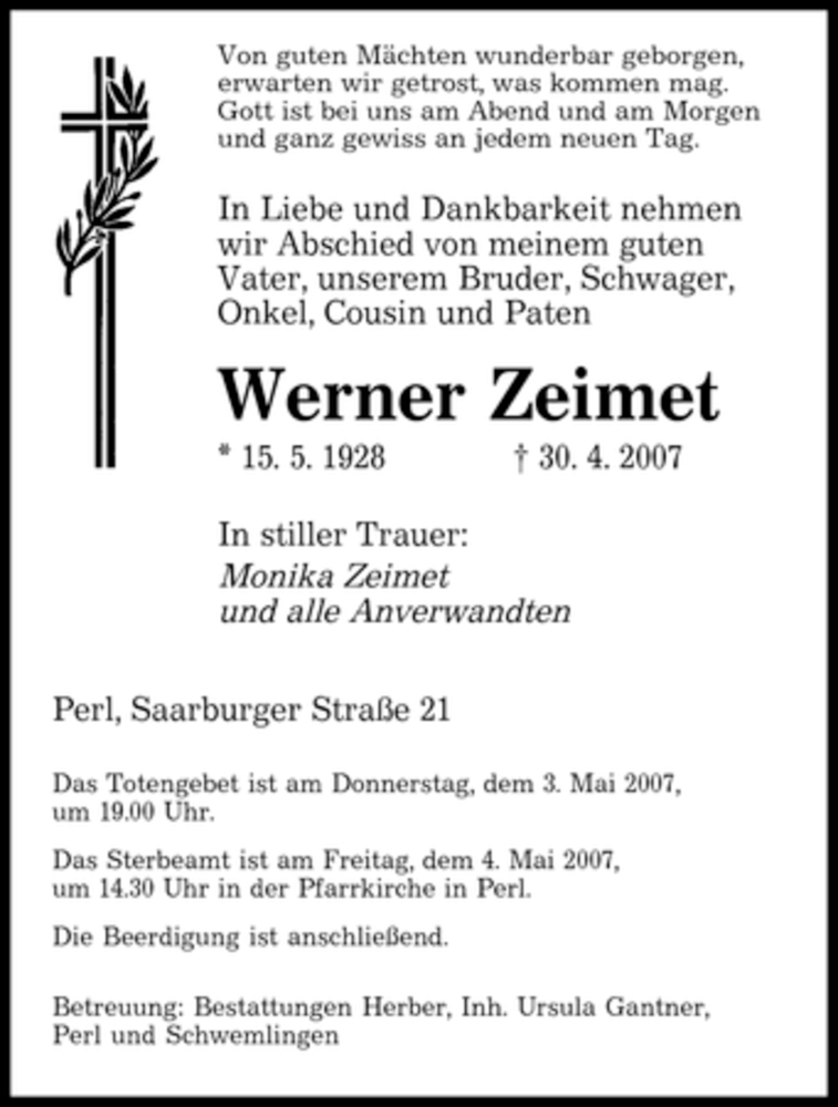  Traueranzeige für Werner Zeimet vom 02.05.2007 aus SAARBRÜCKER ZEITUNG