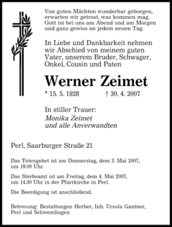 Traueranzeige von Werner Zeimet von SAARBRÜCKER ZEITUNG