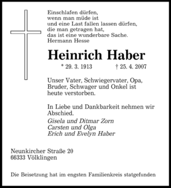 Traueranzeige von Heinrich Haber von SAARBRÜCKER ZEITUNG