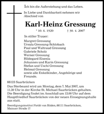 Traueranzeige von Karl-Heinz Gressung von SAARBRÜCKER ZEITUNG