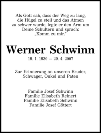 Traueranzeige von Werner Schwinn von SAARBRÜCKER ZEITUNG