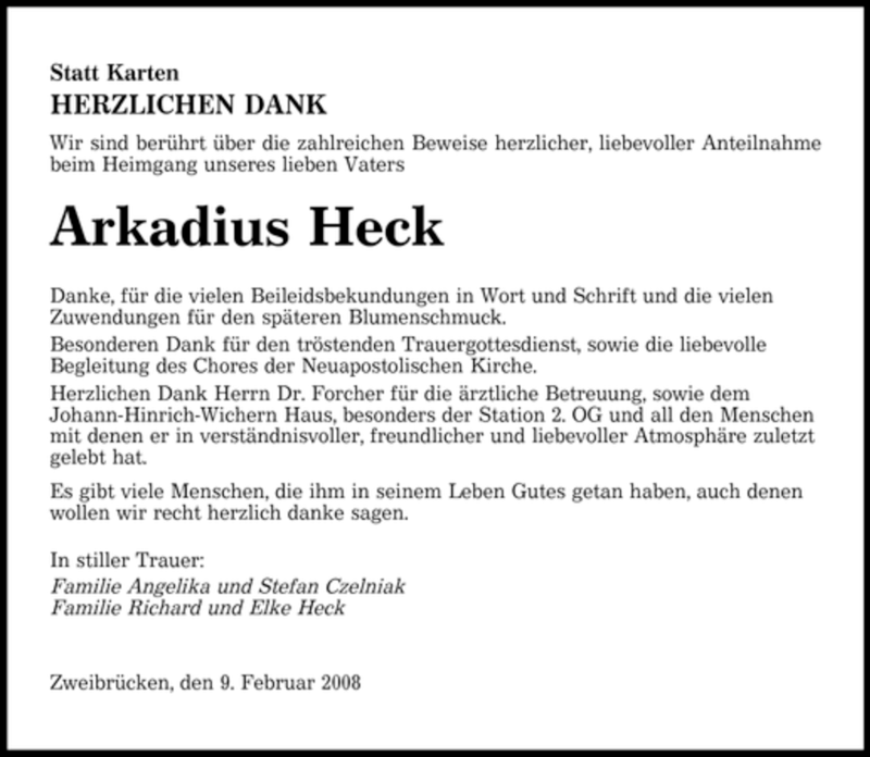  Traueranzeige für Arkadius Heck vom 09.02.2008 aus SAARBRÜCKER ZEITUNG
