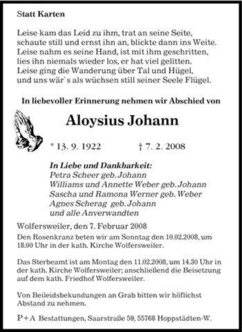 Traueranzeige von Aloysius Johann von SAARBRÜCKER ZEITUNG