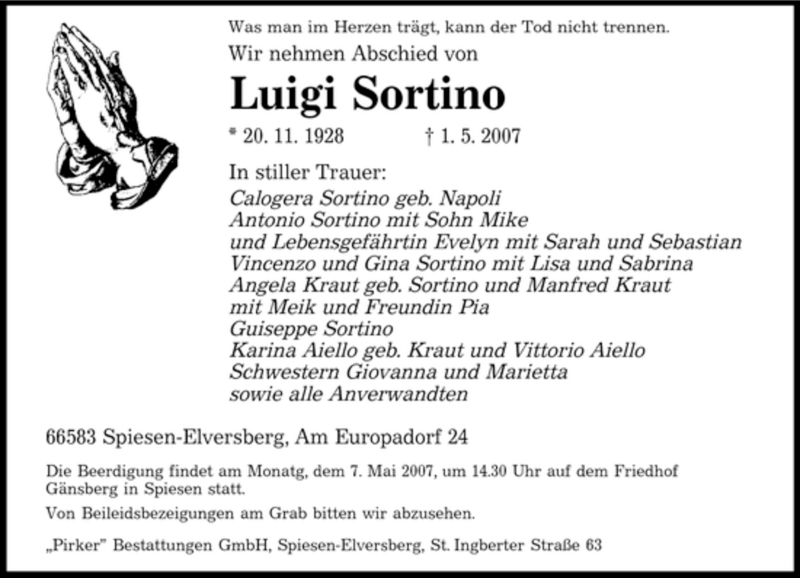  Traueranzeige für Luigi Sortino vom 04.05.2007 aus SAARBRÜCKER ZEITUNG