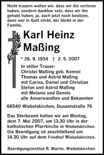 Traueranzeige von Karl Heinz Maßling von SAARBRÜCKER ZEITUNG