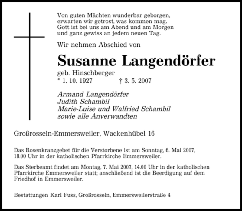  Traueranzeige für Susanne Langendörfer vom 05.05.2007 aus SAARBRÜCKER ZEITUNG