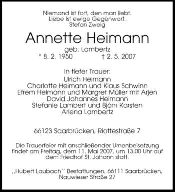 Traueranzeige von Annette Heimann von SAARBRÜCKER ZEITUNG